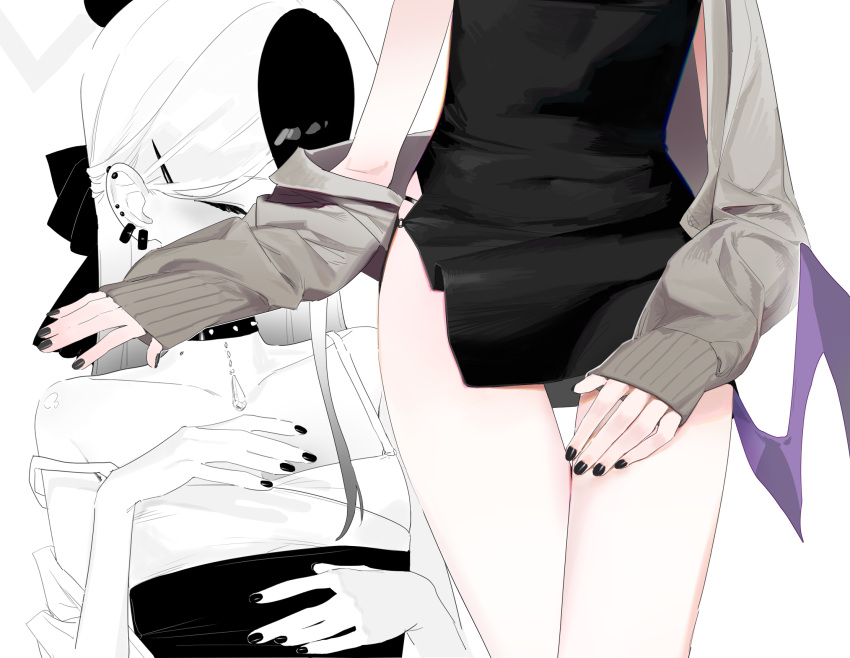 1girl bare_shoulders black_dress black_nails blue_archive cardigan choker closed_eyes dress ear_piercing grey_cardigan halo highres kayoko_(blue_archive) kayoko_(dress)_(blue_archive) long_hair long_sleeves mole mole_on_thigh multicolored_hair multiple_views off_shoulder piercing purple_wings simple_background single_wing skindentation sleeves_past_wrists white_background wings zippo_(2387576974)
