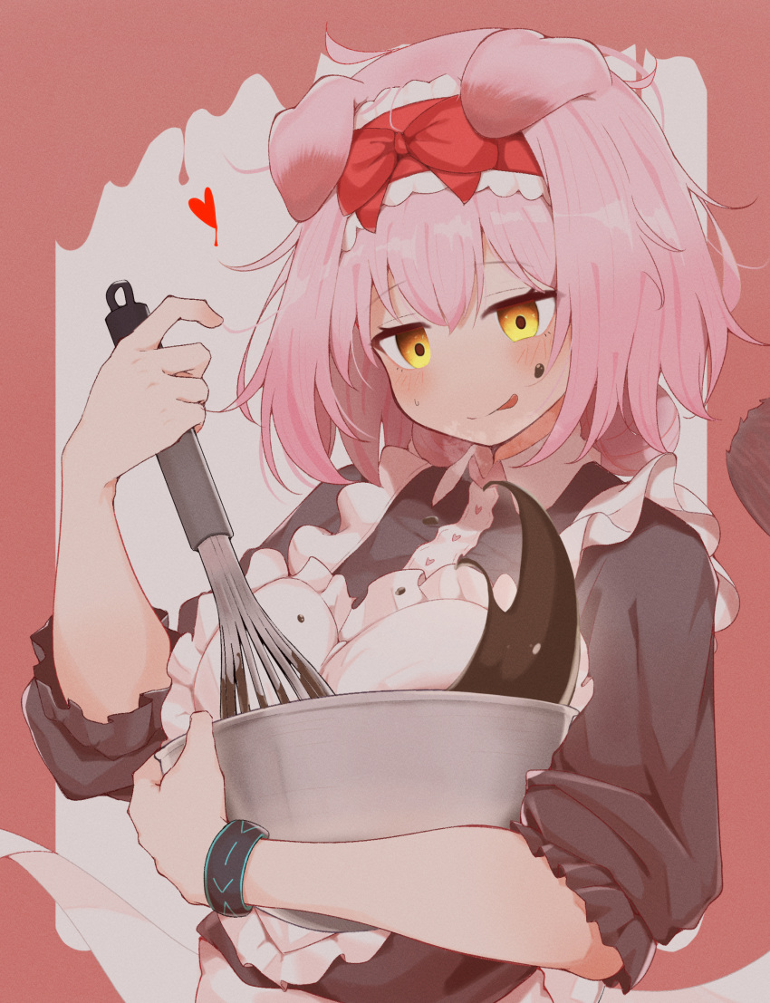 1girl :q absurdres animal_ears arknights black_shirt blush bowl cat_ears chocolate chocolate_on_face closed_mouth collared_shirt food food_on_face goldenglow_(arknights) hair_between_eyes half-closed_eyes heart heavy_breathing highres holding holding_bowl holding_whisk infection_monitor_(arknights) long_sleeves looking_down medium_hair orange_eyes pcaccount13 pink_hair shirt sidelocks smile solo tongue tongue_out upper_body v-shaped_eyebrows whisk whisking