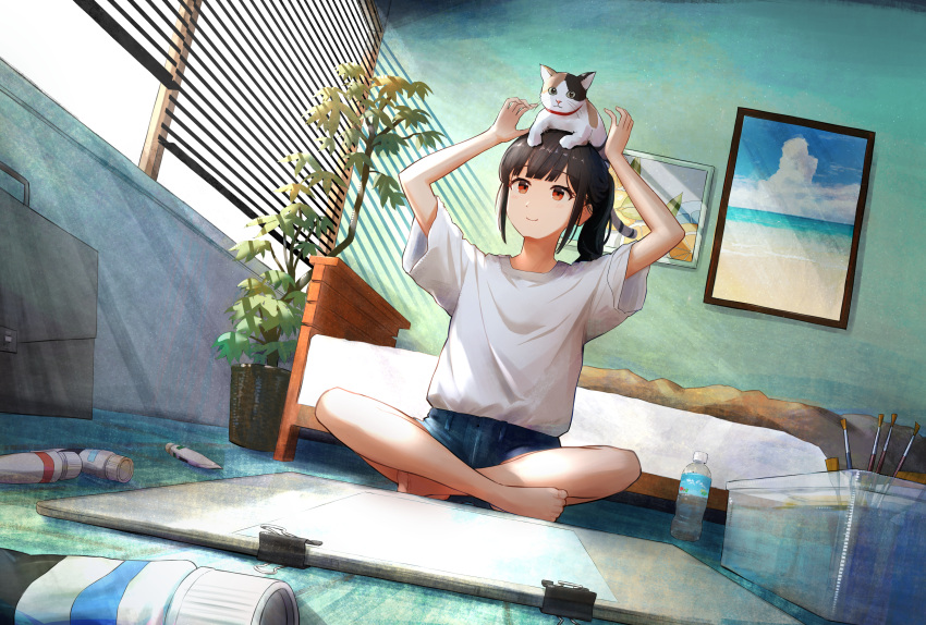 1girl absurdres animal_on_head arms_up bare_legs barefoot bed bed_sheet black_hair blue_shorts bottle briefcase canvas_(object) cat cat_on_head crossed_legs flower_pot full_body highres indoors light_rays looking_up medium_hair mimihachi on_floor on_head original paint paint_tube paintbrush picture_frame plant potted_plant red_eyes shirt shorts side_ponytail sidelocks smile sunbeam sunlight water_bottle white_shirt