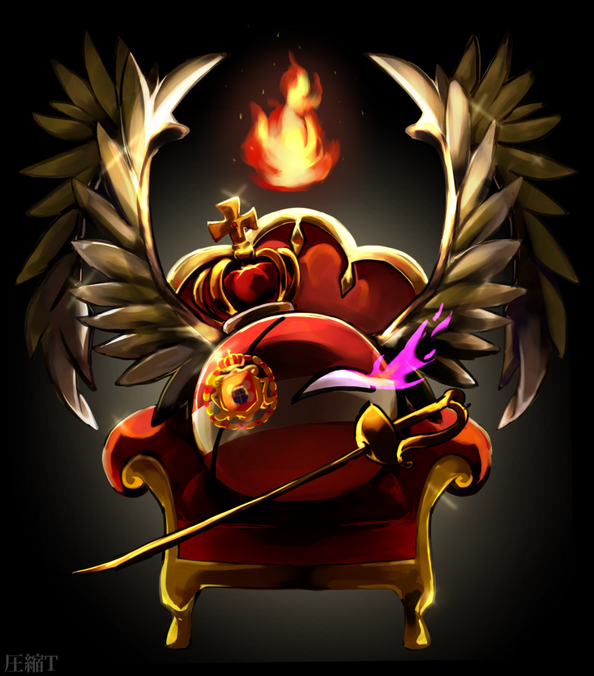 black_background commentary_request countryball crown eyepatch fire flaming_eye foil_(fencing) highres looking_at_viewer metal_wings no_humans polish-lithuanian_commonwealthball purple_fire sharks_sk_art solo sword throne weapon winged_hussar