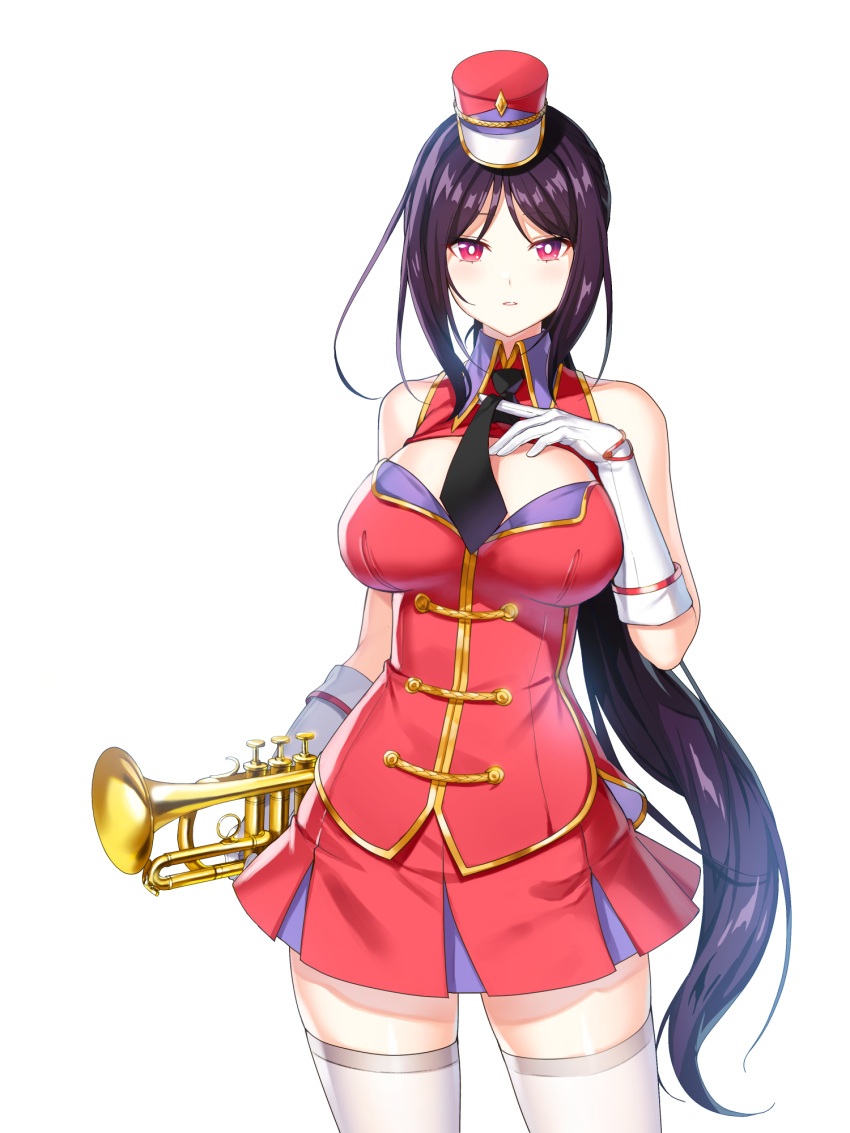 1girl alternate_hair_color band_uniform bare_shoulders black_necktie breasts bright_pupils buttons cleavage_cutout closers clothing_cutout collared_jacket cowboy_shot double-breasted fold-over_gloves gloves hand_on_own_chest hand_up hat highres holding holding_instrument holding_trumpet impossible_clothes impossible_jacket instrument jacket large_breasts legs_apart long_hair looking_at_viewer marching_band mini_shako_cap miniskirt mirae_(closers) necktie official_art parted_bangs parted_lips pleated_skirt ponytail purple_hair red_eyes red_headwear red_jacket red_skirt shako_cap sidelocks skirt sleeveless sleeveless_jacket solo standing thighhighs trumpet uniform very_long_hair white_background white_gloves white_pupils white_thighhighs wing_collar zettai_ryouiki