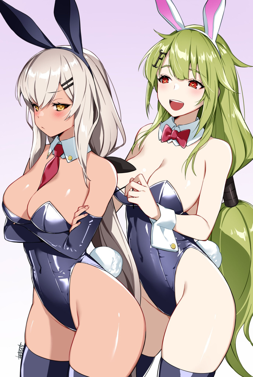 2girls adjusting_another's_clothes alternate_costume animal_ears black_thighhighs blush bow bowtie breast_hold breasts cleavage collar covered_navel cowboy_shot crossed_arms detached_collar fake_animal_ears fake_tail girls'_frontline gradient_background green_hair hair_bow hair_ornament hairpin heart heart-shaped_pupils highleg highleg_leotard highres leotard letter_hair_ornament light_brown_hair long_hair m590_(girls'_frontline) medium_breasts mk48_(girls'_frontline) multiple_girls multiple_hair_bows necktie open_mouth pink_background playboy_bunny rabbit_ears rabbit_tail red_bow red_bowtie red_eyes red_necktie smile symbol-shaped_pupils tail teeth thighhighs tochi_keisuke upper_teeth_only white_background white_collar white_wrist_cuffs wrist_cuffs yellow_eyes