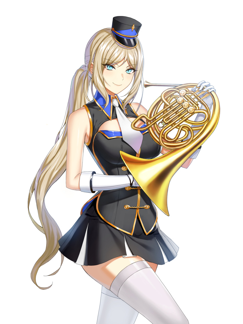 1girl alternate_hair_color band_uniform bare_shoulders black_headwear black_jacket black_skirt blonde_hair blue_eyes breasts buttons cleavage_cutout closed_mouth closers clothing_cutout collared_jacket cowboy_shot double-breasted fold-over_gloves french_horn gloves hand_up harpy_(closers) hat highres holding holding_instrument instrument jacket large_breasts leg_up long_hair marching_band mini_shako_cap miniskirt mole mole_under_eye necktie official_art pleated_skirt ponytail shako_cap sidelocks skirt sleeveless sleeveless_jacket smile solo thighhighs uniform v-shaped_eyebrows very_long_hair walking white_background white_gloves white_necktie white_thighhighs wing_collar zettai_ryouiki