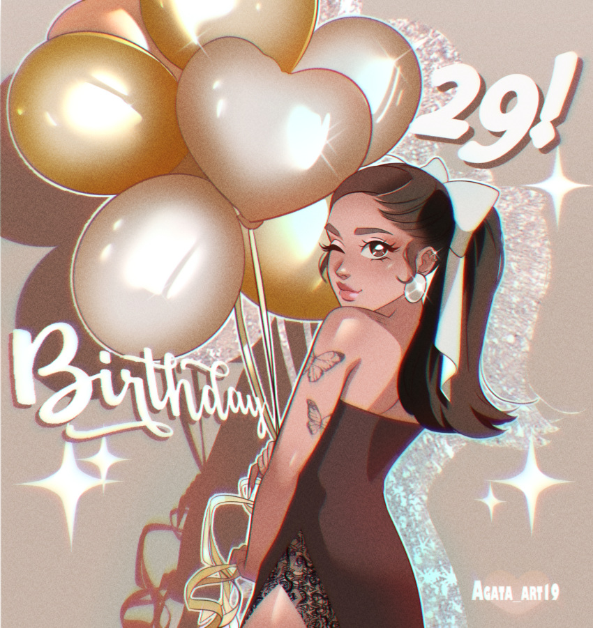 1girl animification ariana_grande arm_tattoo balloon bare_shoulders black_dress blush brown_background brown_eyes brown_hair chromatic_aberration dress drop_shadow earrings english_commentary from_side glint happy_birthday heart_balloon highres instagram_username jewelry looking_at_viewer one_eye_closed pirorin21century ponytail real_life solo sparkle strapless strapless_dress tattoo