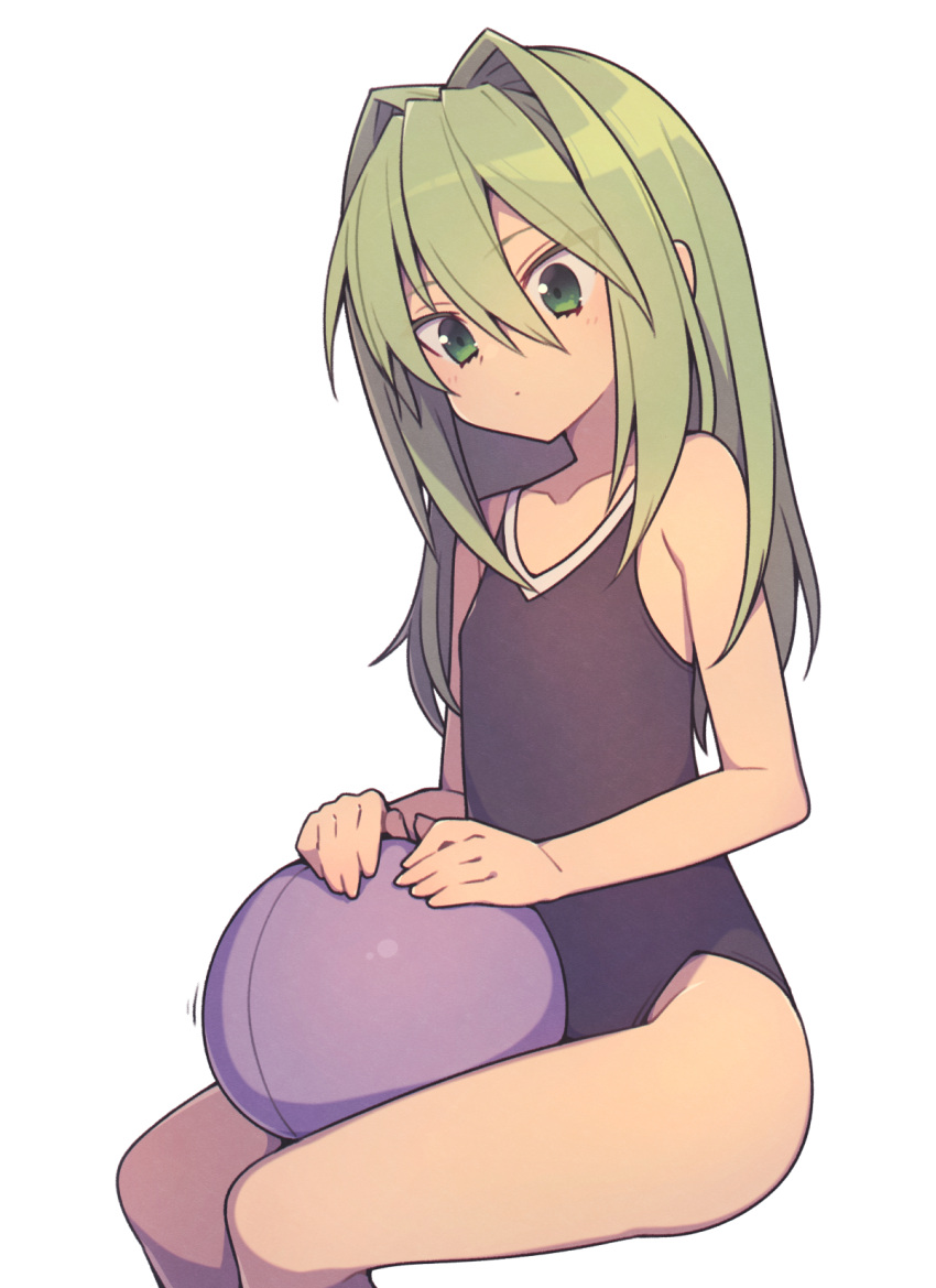 1girl ball bare_shoulders beachball blue_one-piece_swimsuit breasts closed_mouth collarbone commentary cowboy_shot dot_mouth dot_nose everyntrge green_eyes green_hair hair_between_eyes hair_intakes highres holding holding_ball light_blush long_hair looking_down one-piece_swimsuit original sidelocks simple_background sitting small_breasts solo swimsuit white_background