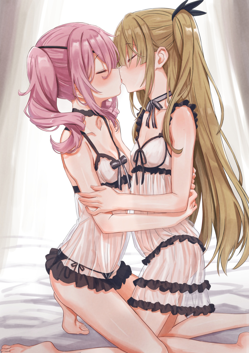 2girls ata_(tsumari) babydoll bare_legs bare_shoulders barefoot black_choker black_panties blush breasts brown_hair choker closed_eyes collarbone covered_navel drill_hair frilled_babydoll hair_between_eyes hair_ornament highres hug kiss kneeling lace lace_choker lingerie long_hair multiple_girls neck_ribbon open_mouth original panties pink_hair ribbon see-through side-tie_panties small_breasts toes tongue tongue_out two_side_up underwear white_babydoll yuri