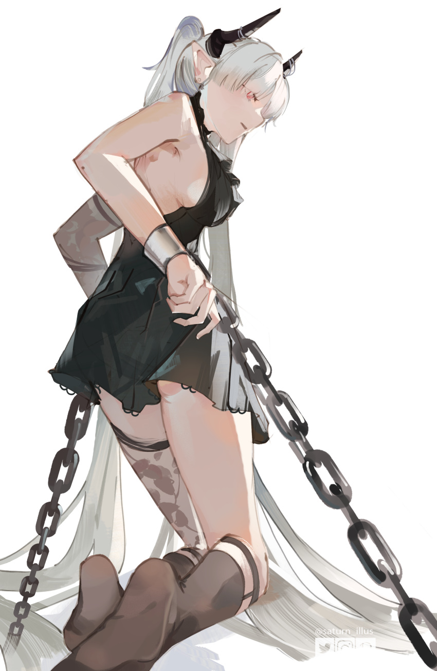 1girl absurdres arknights black_dress black_socks breasts chained_sarkaz_girl chained_wrists cmdr_saturn demon_girl demon_horns dress english_commentary full_body grey_hair highres horns kneehighs kneeling long_hair medium_breasts no_shoes open_mouth orange_eyes pointy_ears ponytail sideboob simple_background single_thighhigh socks soles solo thighhighs twintails very_long_hair white_background