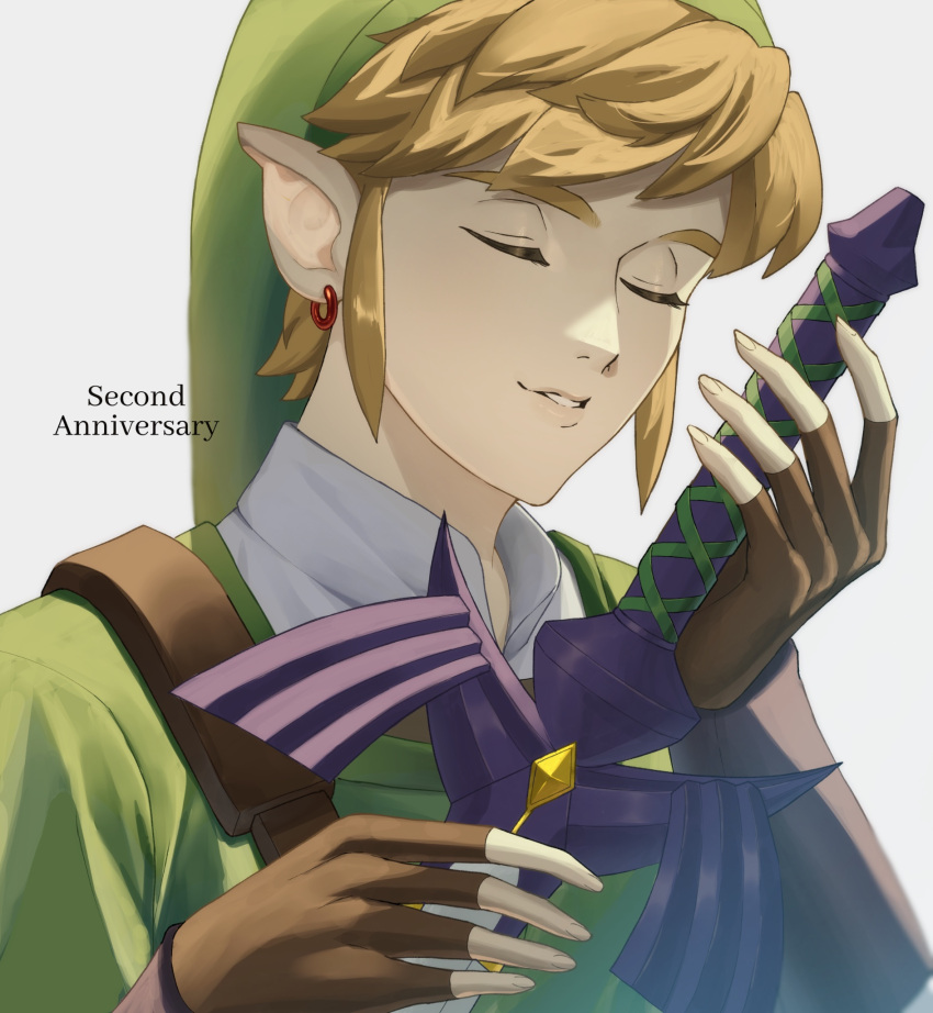 1boy blonde_hair closed_eyes earrings fingerless_gloves gloves green_hat green_tunic highres holding holding_sword holding_weapon jewelry jimaku_726 link male_focus parted_lips pointy_ears solo sword the_legend_of_zelda upper_body weapon