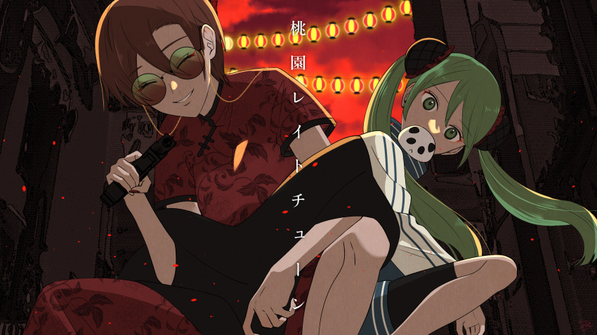 2girls black_shorts brown_hair bun_cover china_dress chinese_clothes closed_eyes double_bun dress eyelashes floral_print green_eyes green_hair gun hair_between_eyes hair_bun hatsune_miku highres holding holding_gun holding_weapon jacket lantern long_hair looking_at_viewer meiko_(vocaloid) multiple_girls outdoors paper_lantern red_sky short_hair shorts sky smile squatting sunglasses tolly track_jacket translation_request twintails vocaloid weapon wind wind_lift