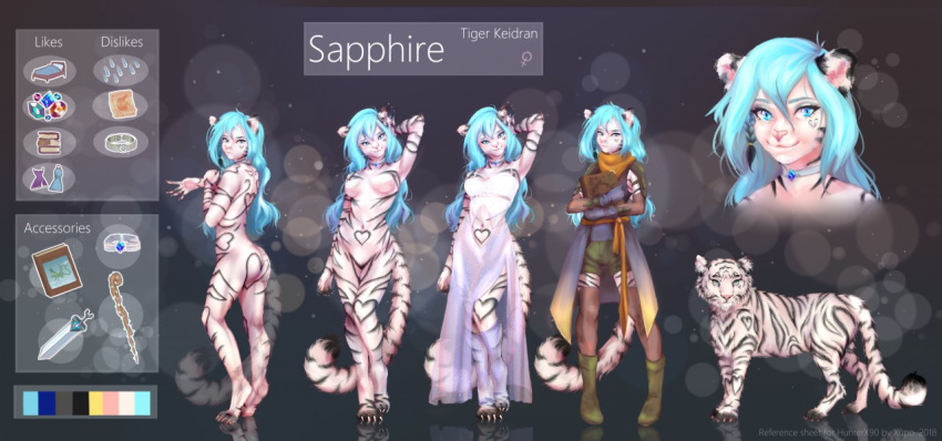 anthro biped breasts clothed clothing english_text fan_character featureless_breasts featureless_crotch feline female feral keidran mammal model_sheet nude pantherine sapphire_(hunterx90) simple_background solo standing text tiger twokinds xupo