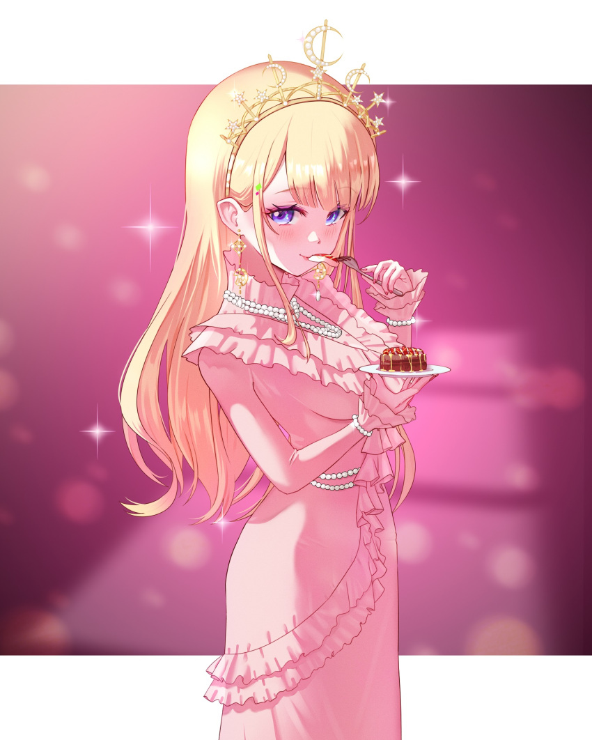 1girl aki_rosenthal ar-khey blonde_hair bracelet cake collared_dress crescent crescent_earrings dress earrings eating food fork frilled_dress frilled_sleeves frills from_side highres holding holding_fork holding_plate hololive hololive_english jewelry letterboxed long_hair long_sleeves looking_at_viewer necklace official_alternate_costume official_alternate_hairstyle pearl_bracelet pearl_necklace pink_dress pink_nails plate purple_eyes sidelocks smile solo standing tiara virtual_youtuber