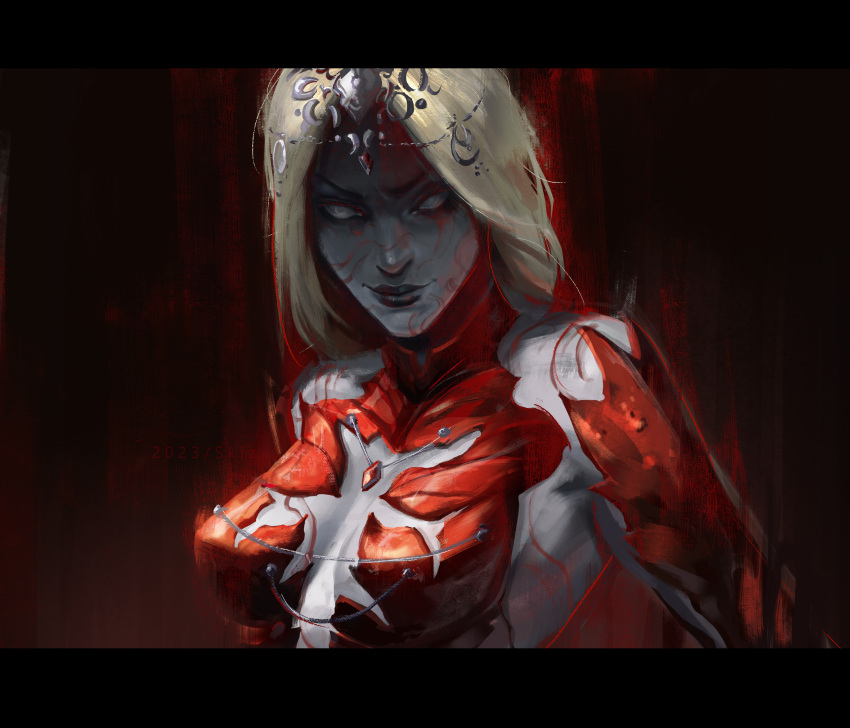 &gt;:) 1girl absurdres artist_name baldur's_gate baldur's_gate_3 black_lips blonde_hair blood blood_on_face bodysuit breasts circlet cleavage_cutout clothing_cutout collared_bodysuit colored_skin commentary detached_sleeves dungeons_&amp;_dragons grey_skin headpiece highres letterboxed long_hair looking_at_viewer orin_the_red red_background red_bodysuit simple_background skizoh smile solo upper_body v-shaped_eyebrows white_eyes
