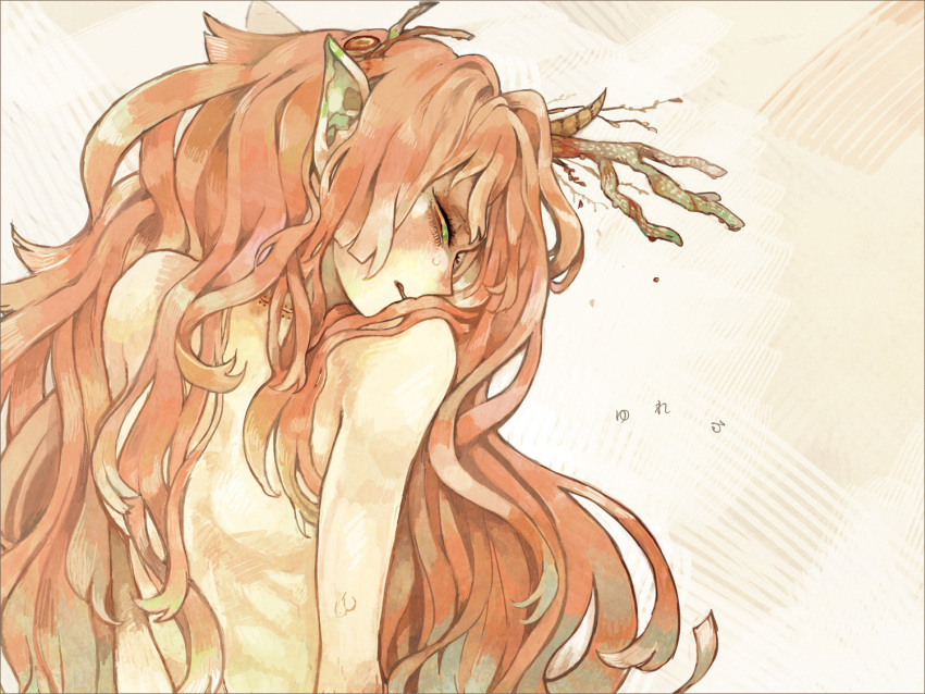 1girl antlers aono_nachi black_border blood border commentary_request flat_chest green_eyes half-closed_eyes horns long_hair nude orange_hair original parted_lips pointy_ears profile ribs skinny solo tears upper_body