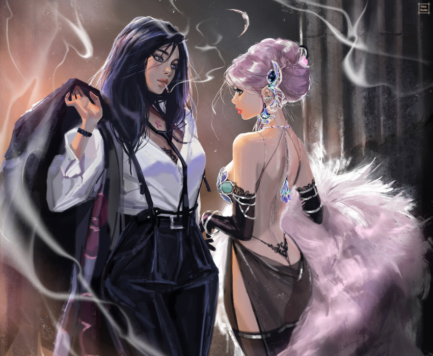 2girls ass backless_dress backless_outfit belt black_belt black_gloves black_jacket black_necktie black_panties black_pants black_thighhighs blazer blue_eyes blue_hair bracelet breasts cigarette coat dress earrings elbow_gloves english_commentary fur_coat gloves green_eyes hair_behind_ear highres holding holding_clothes holding_coat holding_jacket jacket jewelry long_hair medium_breasts multiple_girls necktie original panties pants pink_lips purple_hair shirt_tucked_in smoking tatti_art thighhighs underwear unworn_coat unworn_jacket variant_set white_coat