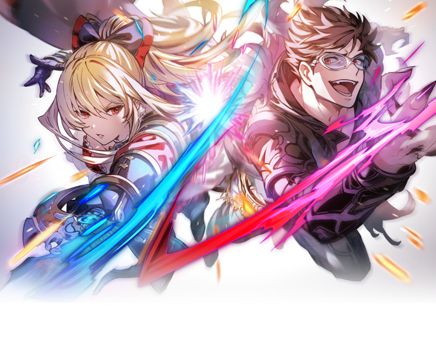 1boy 1girl alternate_eyewear armor belial_(granblue_fantasy) black_pants blonde_hair bow brown_hair clash claws commentary commentary_request empty_eyes energy evil_grin evil_smile facing_viewer fang feather_boa fighting floating_hair furrowed_brow glasses gloves granblue_fantasy granblue_fantasy_versus grin hair_between_eyes hair_bow holding holding_sword holding_weapon long_hair looking_at_another magic minaba_hideo official_art pants parted_lips ponytail red_eyes short_hair sidelocks smile sparks sword tongue vira_(granblue_fantasy) weapon white_background