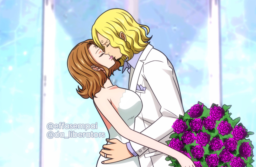 1boy 1girl aged_up blonde_hair bouquet breasts brown_hair charlotte_pudding closed_eyes collared_shirt couple curly_eyebrows dress effasempai english_commentary facial_hair flower hand_on_another's_hip hetero highres holding holding_bouquet husband_and_wife jacket jewelry kiss large_breasts long_sleeves medium_hair one_piece purple_flower purple_shirt ring sanji_(one_piece) shirt short_hair sleeveless sleeveless_dress strapless strapless_dress third_eye twitter_username wedding wedding_dress wedding_ring white_dress white_jacket