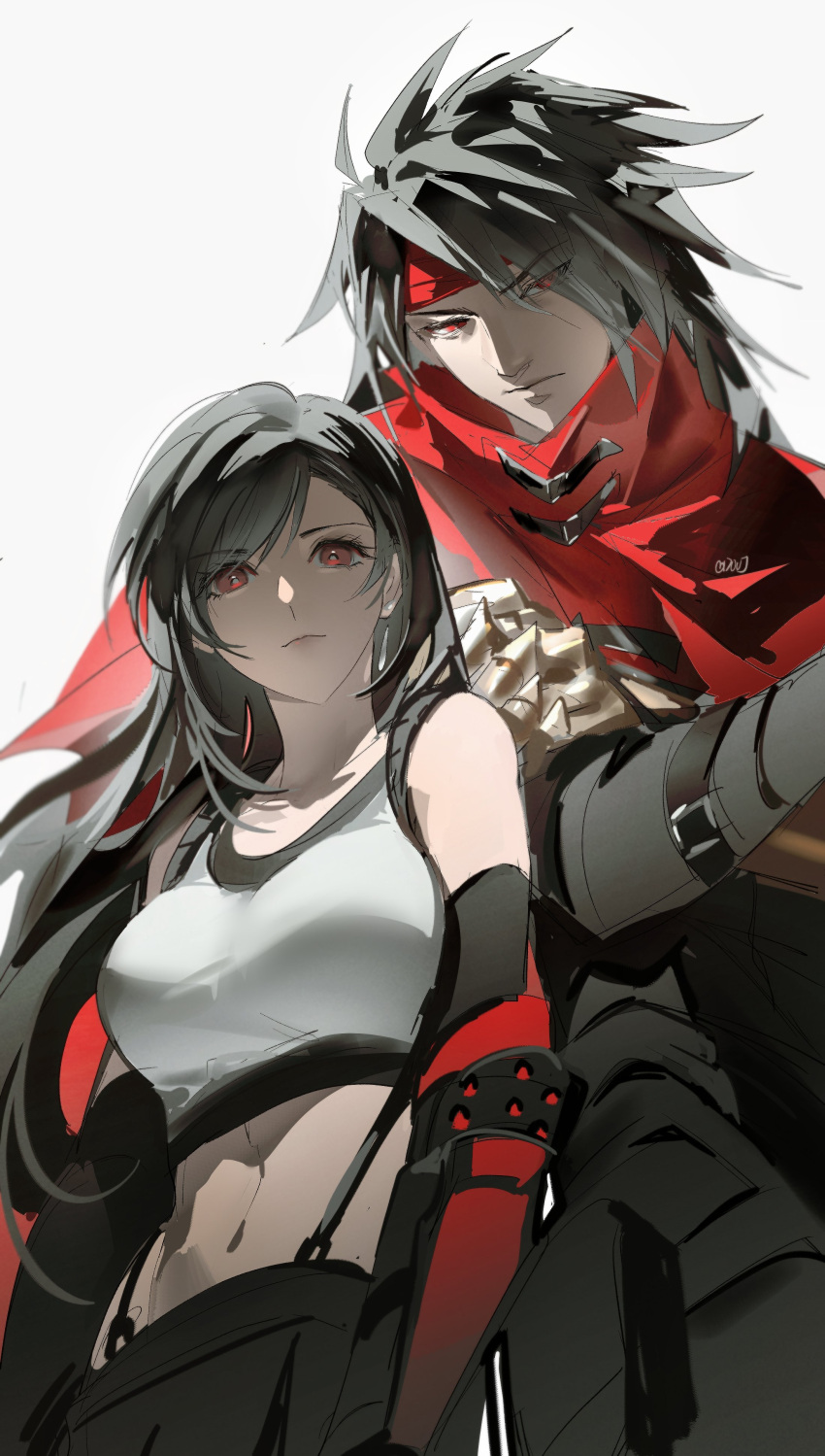 1boy 1girl absurdres bare_shoulders black_gloves black_hair black_jacket black_pants black_skirt black_sports_bra breasts cape clawed_gauntlets closed_mouth coat commentary cowboy_shot crop_top crossed_arms duoj_ji earrings elbow_gloves final_fantasy final_fantasy_vii final_fantasy_vii_rebirth final_fantasy_vii_remake gauntlets gloves headband height_difference highres jacket jewelry large_breasts long_hair looking_at_viewer midriff navel pants red_cape red_coat red_eyes red_headband simple_background single_arm_guard single_earring single_gauntlet skirt spiked_hair sports_bra suspender_skirt suspenders swept_bangs symbol-only_commentary tank_top teardrop_earrings tifa_lockhart twitter_username upper_body vincent_valentine white_tank_top