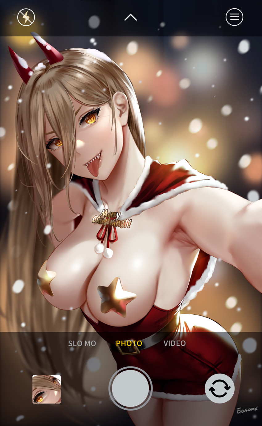 1girl animal_ears armpits artist_name bare_shoulders belt black_belt blonde_hair blurry blurry_background blush breasts cape chainsaw_man cleavage commentary_request cowboy_shot dress easonx fake_screenshot fur-trimmed_cape fur_trim hair_between_eyes highres horse_ears long_hair medium_breasts pasties power_(chainsaw_man) red_cape santa_dress selfie sharp_teeth smile snowing solo teeth tongue tongue_out very_long_hair viewfinder yellow_eyes