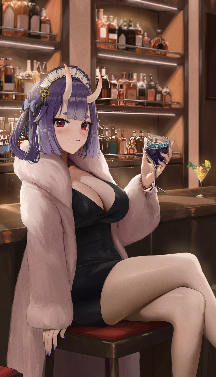 1girl absurdres alcohol black_dress blue_bow bottle bow bracelet breasts cleavage closed_mouth coat cocktail cocktail_dress commentary commission crossed_legs cup dress fang fang_out fieryonion fur_coat hair_bow hair_ornament hairband hand_up highres holding holding_cup horns ice ice_cube indoors jewelry large_breasts long_sleeves looking_at_viewer nail_polish open_clothes open_coat purple_hair purple_nails red_eyes short_eyebrows short_hair shune_(virtual_hertz) sitting skin_fang solo thick_eyebrows virtual_hertz virtual_youtuber