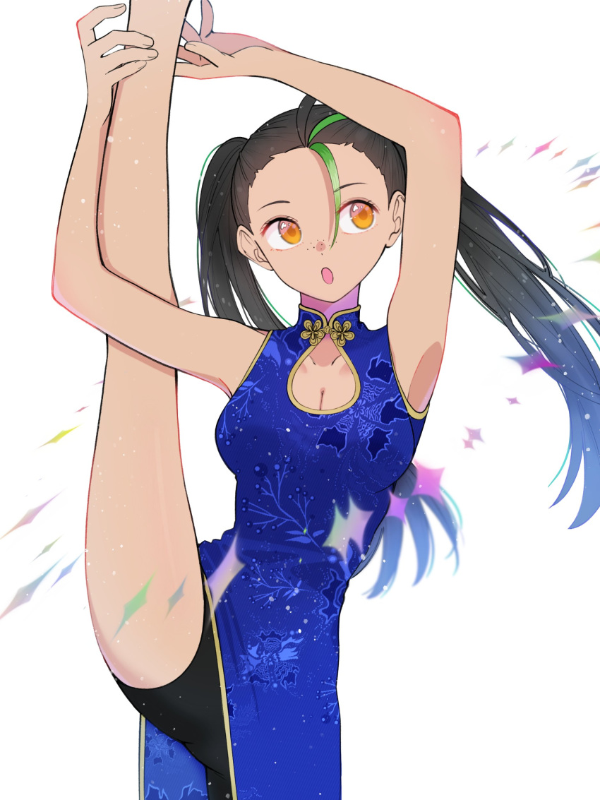 1girl :o absurdres alternate_costume alternate_hairstyle arms_up bare_arms black_hair black_shorts blue_dress breasts china_dress chinese_clothes cleavage commentary_request dress eyelashes freckles green_hair highres holding_own_leg kana_(kanna_runa0620) looking_to_the_side multicolored_hair nemona_(pokemon) open_mouth orange_eyes pokemon pokemon_sv shorts solo split standing standing_on_one_leg standing_split twintails two-tone_hair white_background