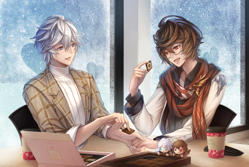 ahoge black_shirt blue_eyes box box_of_chocolates brown_hair chair chibi chocolate coffee coffee_cup commentary commentary_request cup disposable_cup food frosted_glass glasses granblue_fantasy hair_between_eyes holding holding_chocolate holding_food holding_hands indoors jacket long_sleeves lucifer_(shingeki_no_bahamut) messy_hair multiple_boys open_clothes open_jacket plaid plaid_jacket red_scarf round_eyewear ruina sandalphon_(granblue_fantasy) sandalphon_(primarch_afterhours)_(granblue_fantasy) scarf semi-rimless_eyewear shirt short_hair snowing sweater table talking turtleneck turtleneck_sweater white_hair window yaoi