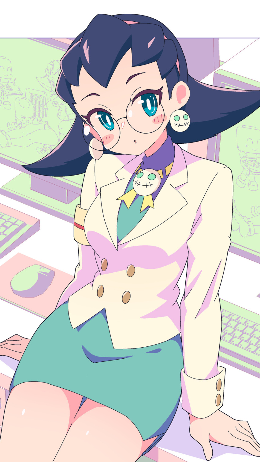 1girl armband blue_eyes blush buttoned_cuffs buttons deviantart_sample earrings glasses highres image_sample jewelry mega_man_(series) mega_man_legends_(series) mouse_(computer) office_lady robot round_eyewear shirt skull_earrings solo the_misadventures_of_tron_bonne tron_bonne_(mega_man) white_shirt yodok