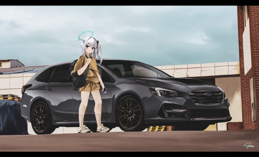 1girl :o absurdres bag blue_archive brown_shirt brown_shorts car cargo_pallet cellphone duffel_bag grey_eyes grey_hair hair_intakes halo highres holding holding_phone letterboxed long_hair miyako_(blue_archive) motor_vehicle nougat_(73r1r1) one_side_up phone shirt shoes shorts signature smartphone sneakers socks solo subaru_(brand) subaru_impreza vehicle_focus white_footwear white_socks