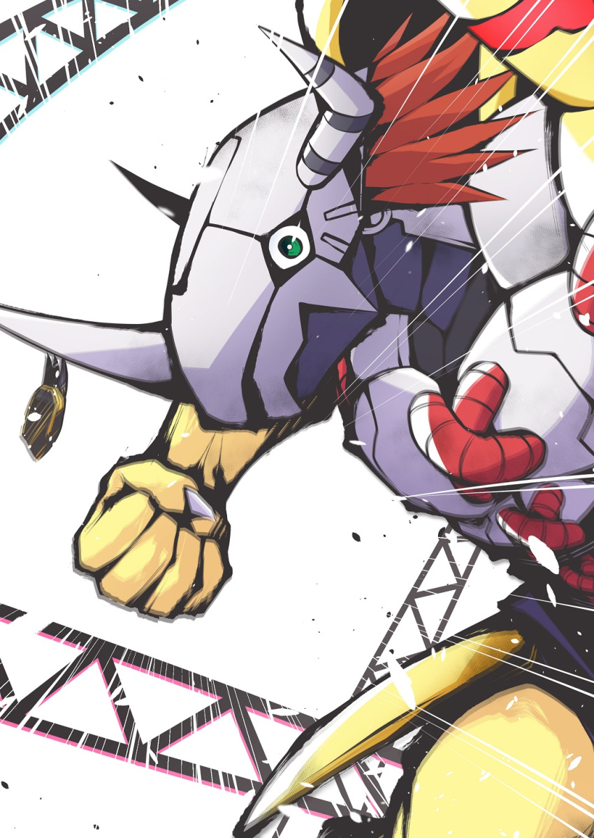 1boy armor clenched_hand colored_skin covering_face crotch_plate digimon digimon_(creature) digimon_adventure digimon_adventure:_bokura_no_war_game dragon green_eyes helmet highres incoming_attack mitosupa_(qsiqydfz7nesh9w) orange_armor orange_skin punching red_hair short_hair solo speed_lines spiked_hair wargreymon white_armor white_background