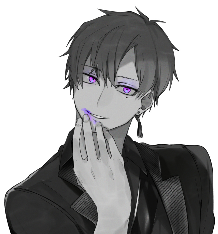 1boy collared_shirt earrings eyeshadow greyscale hand_to_own_mouth hand_up hassan_(sink916) head_tilt highres jacket jewelry lapels lipstick long_sleeves looking_at_viewer makeup male_focus mole mole_under_eye monochrome notched_lapels official_art open_clothes open_jacket parted_lips purple_eyes purple_eyeshadow purple_lips shima_(utaite) shirt short_hair simple_background single_earring smeared_lipstick smile solo spot_color swept_bangs tassel tassel_earrings upper_body urashimasakatasen utaite white_background