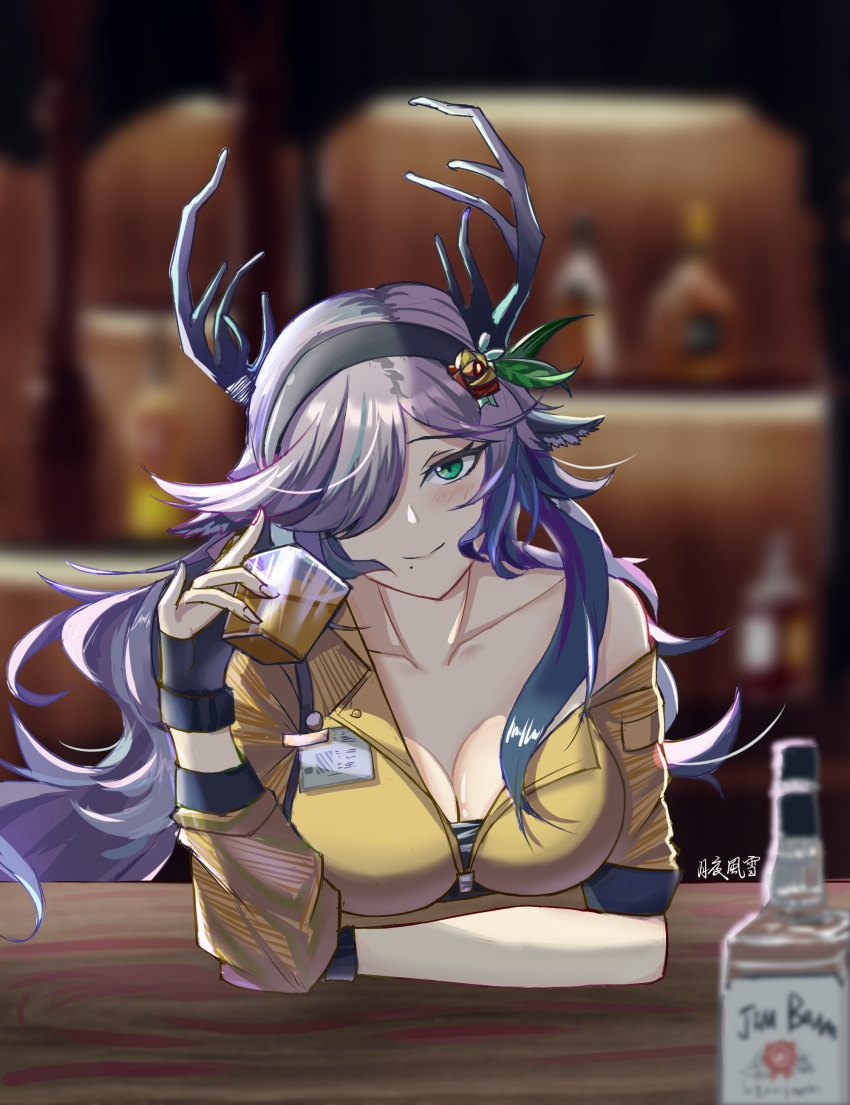 1girl absurdres alcohol animal_ears arknights black_gloves blurry blurry_background breasts cleavage closed_mouth coldshot_(arknights) collarbone cup deer_ears deer_tail fingerless_gloves gloves green_eyes hair_over_one_eye highres holding holding_cup horns indoors large_breasts long_hair long_sleeves looking_at_viewer off_shoulder purple_hair shirt small_breasts solo tail yellow_shirt yoruyuki2000