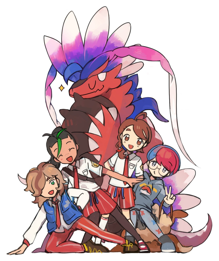 1boy 3girls :d ^_^ arven_(pokemon) black_hair blue_hair blue_vest brown_hair closed_eyes closed_mouth fangs green_eyes green_hair hair_over_one_eye highres juliana_(pokemon) koraidon leggings_under_shorts medium_hair multicolored_hair multiple_girls myon_(myonninn) naranja_academy_school_uniform necktie nemona_(pokemon) open_mouth orange_necktie orange_pants orange_shorts pants penny_(pokemon) pokemon pokemon_(creature) pokemon_sv red_hair school_uniform shorts simple_background sitting skin_fangs smile sparkle streaked_hair two-tone_hair v vest white_background