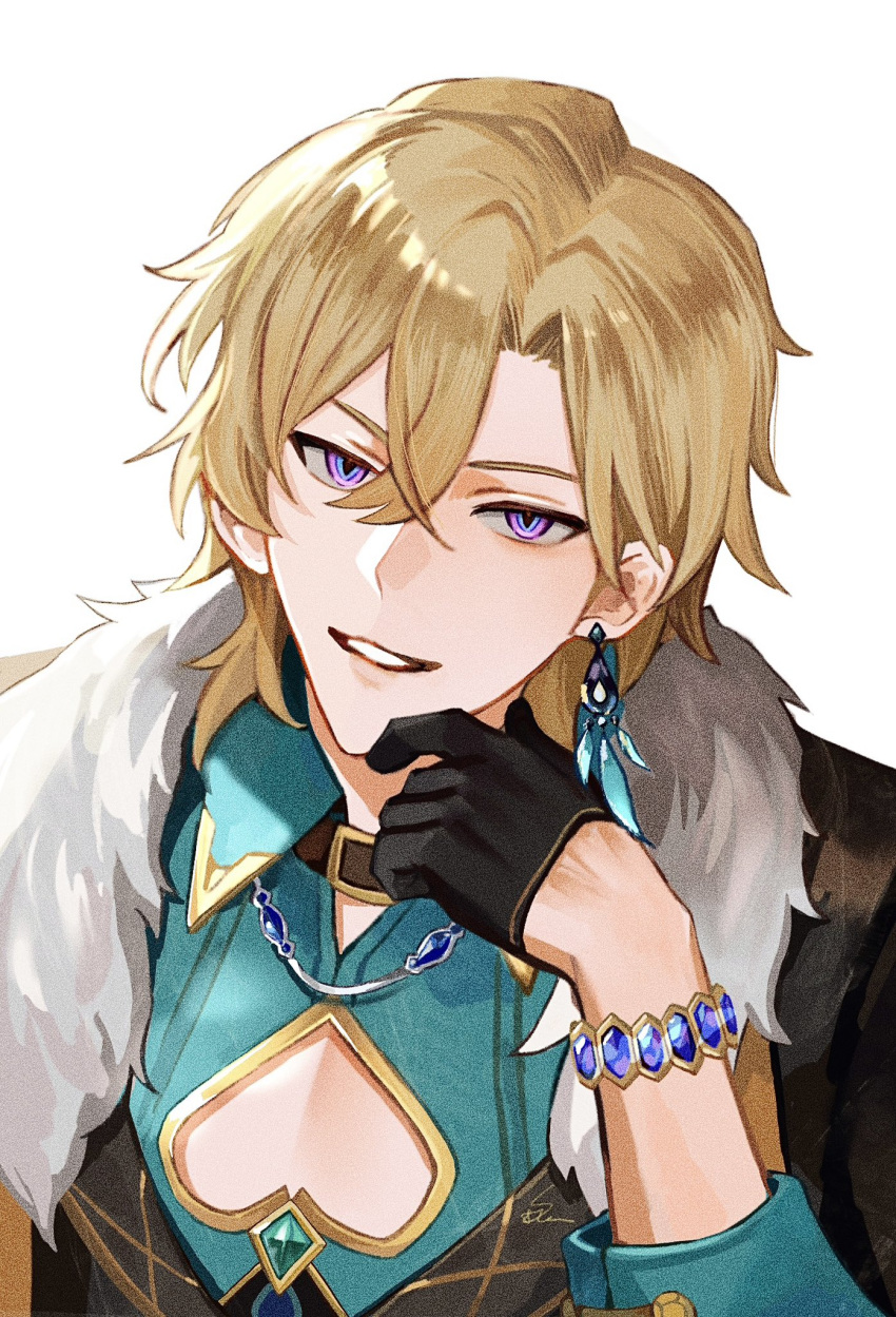 1boy aqua_shirt artist_name aventurine_(honkai:_star_rail) black_coat black_collar black_gloves blonde_hair blue_eyes bracelet c_for_cola cleavage_cutout clothing_cutout coat collar collared_shirt crossed_bangs earrings fur-trimmed_coat fur_trim gem gloves green_gemstone hair_between_eyes half_gloves hand_on_own_chin hand_up hashtag_only_commentary highres honkai:_star_rail honkai_(series) jewelry looking_at_viewer male_focus multicolored_eyes parted_bangs parted_lips purple_eyes shirt short_hair signature simple_background single_earring sleeves_rolled_up smile solo upper_body white_background