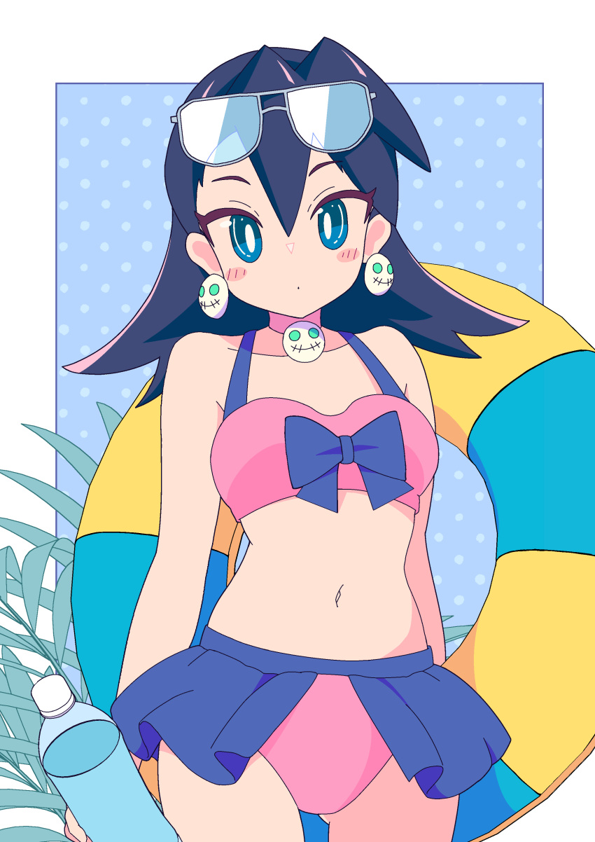 1girl absurdres alternate_costume bikini blue_eyes blush breasts brown_hair closed_mouth collarbone earrings expressionless eyewear_on_head highres holding holding_swim_ring jewelry long_hair looking_at_viewer mega_man_(series) mega_man_legends_(series) navel pink_bikini skull_earrings small_breasts solo sunglasses swim_ring swimsuit tron_bonne_(mega_man) yodok