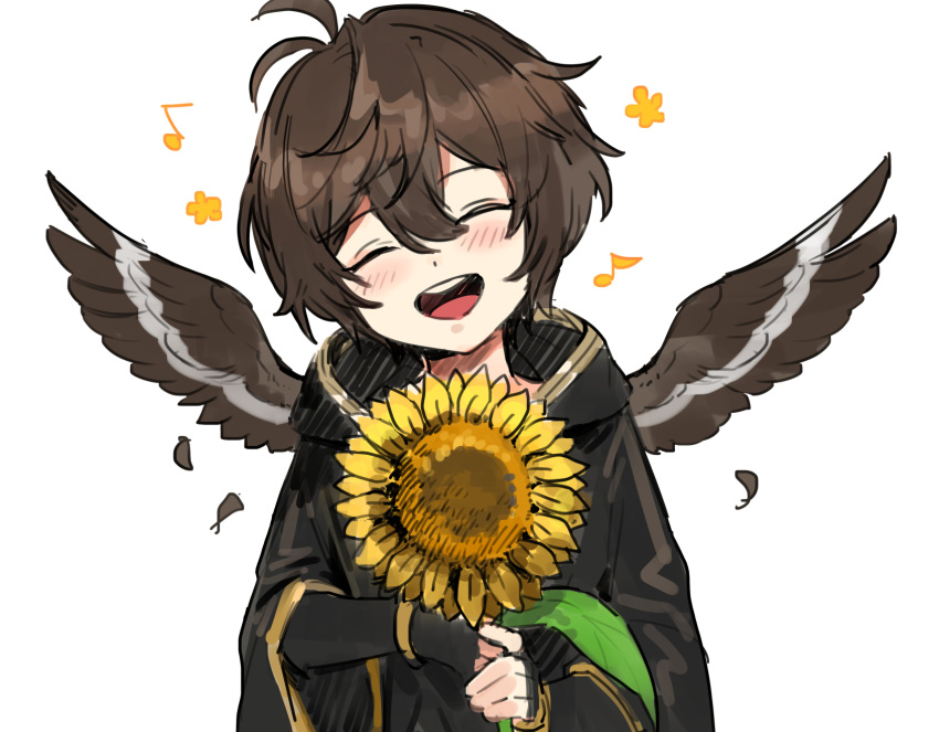 1boy aged_down ahoge brown_hair brown_wings closed_eyes commentary_request falling_feathers feathered_wings feathers fingerless_gloves flower gloves granblue_fantasy grin hair_between_eyes highres hood hood_down light_blush male_focus messy_hair musical_note open_mouth oversized_clothes sandalphon_(granblue_fantasy) short_hair sketch smile solo solo_focus spoken_flower spoken_musical_note sunflower teeth tki upper_body upper_teeth_only white_background wings