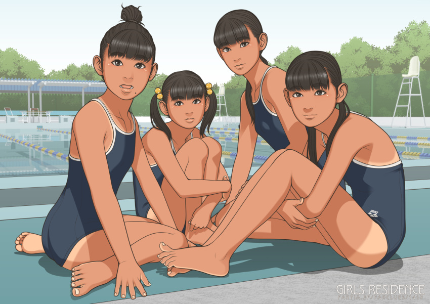 4girls ass barefoot blush breasts commentary_request competition_school_swimsuit dark-skinned_female dark_skin hair_bobbles hair_ornament lane_line lifeguard_chair long_hair looking_at_viewer mole mole_under_mouth multiple_girls one-piece_swimsuit original outdoors ponytail pool poolside revision school_swimsuit shinchou_ni_kansuru_kousatsu sitting small_breasts smile swimsuit tan tanlines twintails wariza