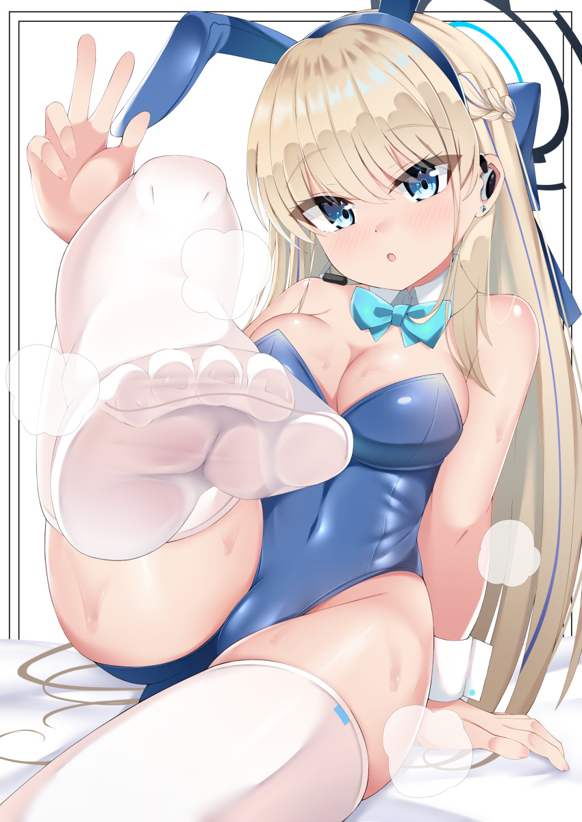 1girl absurdres animal_ears aqua_bow aqua_bowtie arm_support bare_shoulders bed_sheet blonde_hair blue_archive blue_eyes blue_hair blue_leotard bow bowtie braid breasts cleavage covered_nipples detached_collar earrings eyelashes fake_animal_ears feet foot_focus foot_up foreshortening hair_between_eyes hand_up headset highres jewelry knee_up large_breasts leotard long_hair monkey_kusai multicolored_hair no_shoes on_bed playboy_bunny rabbit_ears sidelocks skindentation smell soles solo steaming_body strapless strapless_leotard streaked_hair stud_earrings sweatdrop thighhighs thighs toes toki_(blue_archive) toki_(bunny)_(blue_archive) very_long_hair white_thighhighs wrist_cuffs