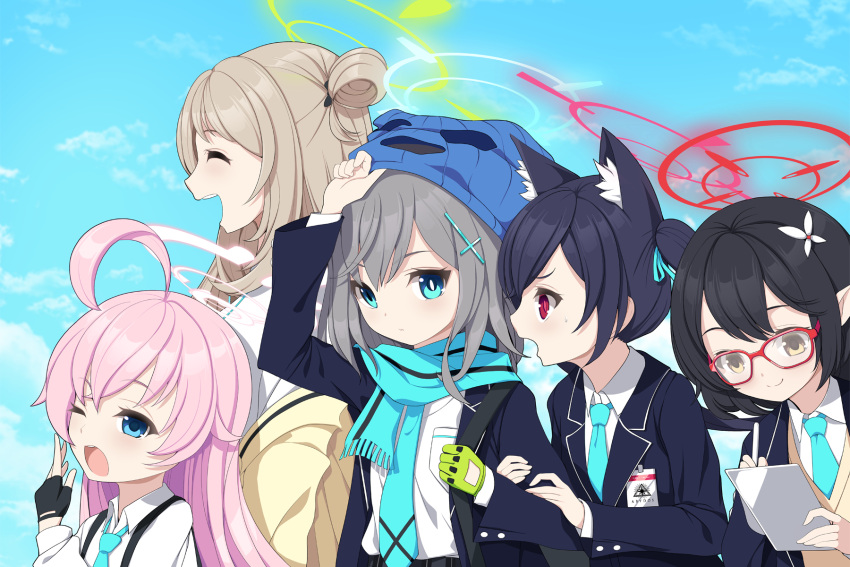 5girls :d ^_^ ahoge animal_ear_fluff animal_ears arm_up ayane_(blue_archive) balaclava black_gloves black_hair black_jacket blazer blue_archive blue_eyes blue_necktie blue_ribbon blue_scarf blue_sky brown_eyes brown_jacket cat_ears closed_eyes closed_mouth cloud collared_shirt commentary_request day fingerless_gloves flower foreclosure_task_force_(blue_archive) fringe_trim glasses gloves hair_flower hair_ornament hair_ribbon hairclip halo highres holding hoshino_(blue_archive) jacket koflif long_hair long_sleeves multiple_girls necktie nonomi_(blue_archive) off_shoulder one_eye_closed open_clothes open_jacket outdoors pointy_ears profile puffy_long_sleeves puffy_sleeves red-framed_eyewear red_eyes ribbon scarf school_uniform serika_(blue_archive) shiroko_(blue_archive) shirt sky smile sweat sweater_vest twintails very_long_hair white_flower white_shirt yawning