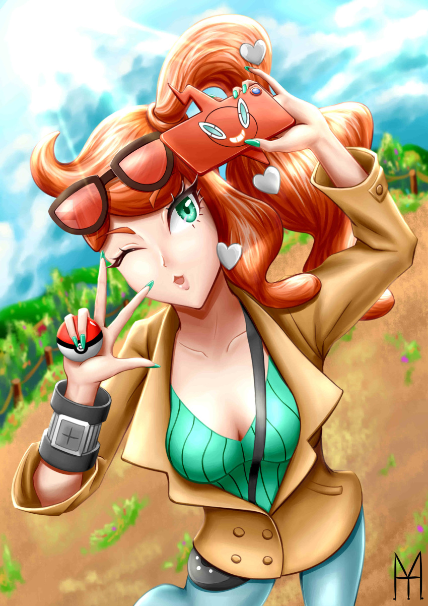 1girl absurdres aqua_eyes aqua_nails aqua_shirt artist_logo bag between_breasts black_bag breasts brown_coat cleavage coat collarbone denim eyewear_on_head hair_ornament handbag heart heart_hair_ornament highres holding holding_phone holding_poke_ball jeans large_breasts medium_breasts mr-mi one_eye_closed orange-tinted_eyewear orange_hair pants phone poke_ball poke_ball_(basic) pokemon pokemon_swsh ribbed_shirt rotom rotom_phone selfie shirt side_ponytail solo sonia_(pokemon) strap_between_breasts sunglasses swept_bangs tinted_eyewear v-neck