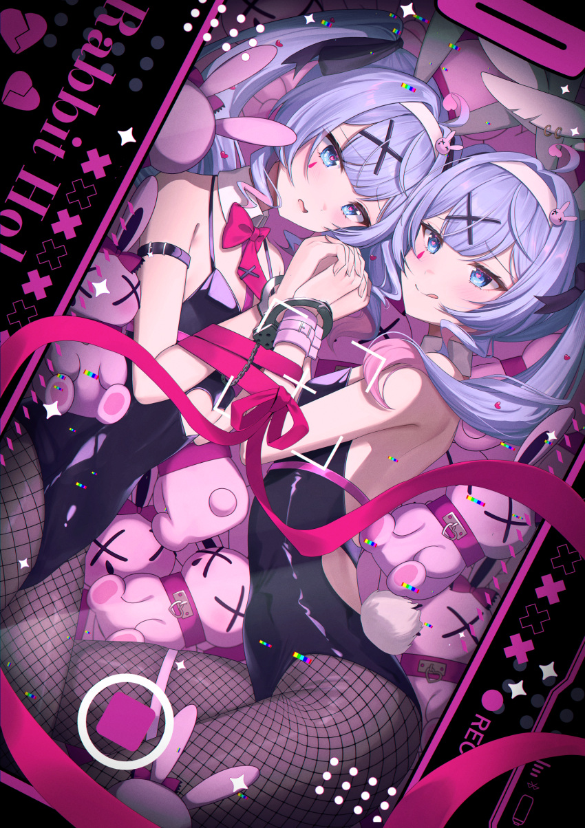 2girls :q absurdres animal_ears arm_strap bare_shoulders black_leotard blue_eyes blue_hair blush bow bowtie closed_mouth clothing_cutout commentary_request cuffs cutout_above_navel detached_collar fake_animal_ears fake_tail fishnet_pantyhose fishnets hair_ornament halterneck handcuffs hatsune_miku heart heart-shaped_pupils heart_cutout highres holding_hands leotard long_hair lushuao lying multiple_girls on_side open_mouth pantyhose playboy_bunny rabbit_ears rabbit_hole_(vocaloid) rabbit_tail red_bow red_bowtie red_ribbon ribbon smile symbol-shaped_pupils tail teardrop_facial_mark thigh_strap tongue tongue_out twintails vocaloid x_hair_ornament