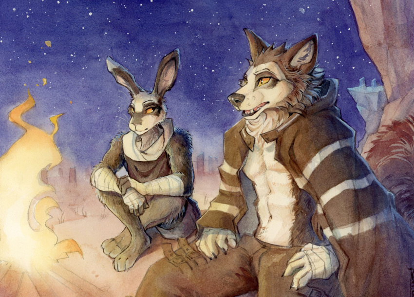 akatan_art anthro black_body black_fur campfire canid clothed clothing duo fur hi_res lagomorph leporid male mammal mouth_closed night no_sclera open_mouth orange_eyes rabbit sitting star whiskers white_body white_fur