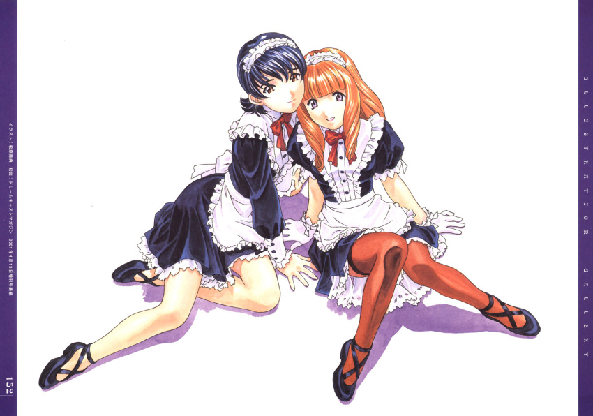 2girls :d apron arm_ribbon bare_legs black_dress black_footwear black_sleeves blue_hair brown_eyes brown_pantyhose buttoned_cuffs buttons ci_caprice closed_mouth dress frilled_apron frills full_body gloves highres long_hair long_sleeves looking_at_viewer maid maid_headdress matsubara_hidenori mell_raison multiple_girls neck_ribbon official_art open_mouth orange_hair pantyhose parted_lips puffy_sleeves red_ribbon ribbon sakura_taisen sakura_taisen_iii scan shadow shoes short_hair short_sleeves simple_background sitting smile third-party_source traditional_media white_apron white_background white_ribbon