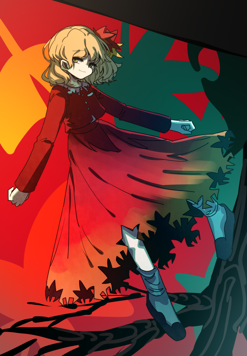 1girl absurdres aki_shizuha black_footwear blonde_hair closed_mouth commentary_request full_body hair_ornament highres ichirugi leaf_hair_ornament long_sleeves medium_hair orange_eyes orange_skirt red_shirt red_skirt shirt shoes skirt skirt_set smile socks solo touhou tree white_socks yellow_eyes