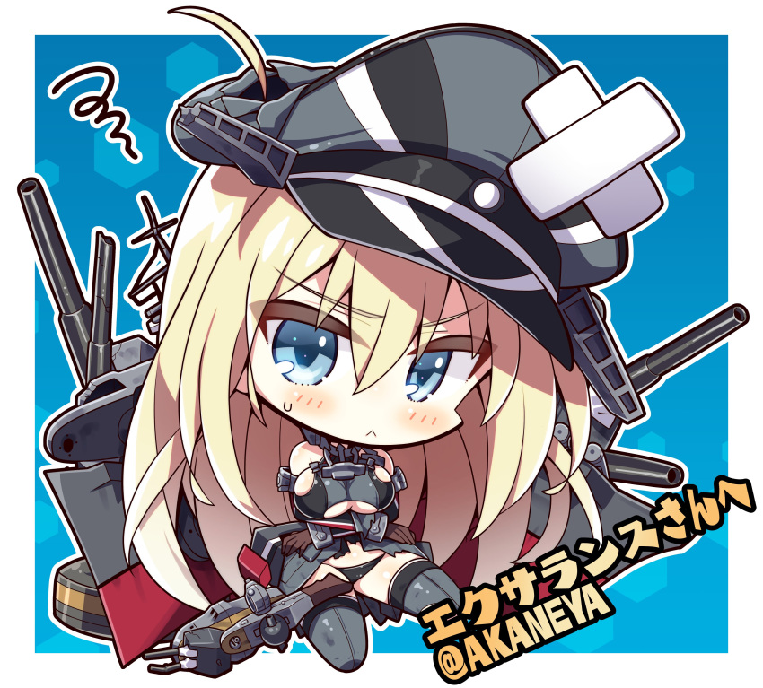 1girl :&lt; absurdres akaneya arms_under_breasts bandaid bandaid_on_head bismarck_(kancolle) black_panties blonde_hair blue_eyes blush breasts brown_gloves chibi closed_mouth crossed_arms crossed_bandaids elbow_gloves gloves hair_between_eyes hat highres kantai_collection large_breasts long_hair military military_uniform panties peaked_cap rigging second-party_source solo squiggle sweat thighhighs twitter_username underwear uniform very_long_hair
