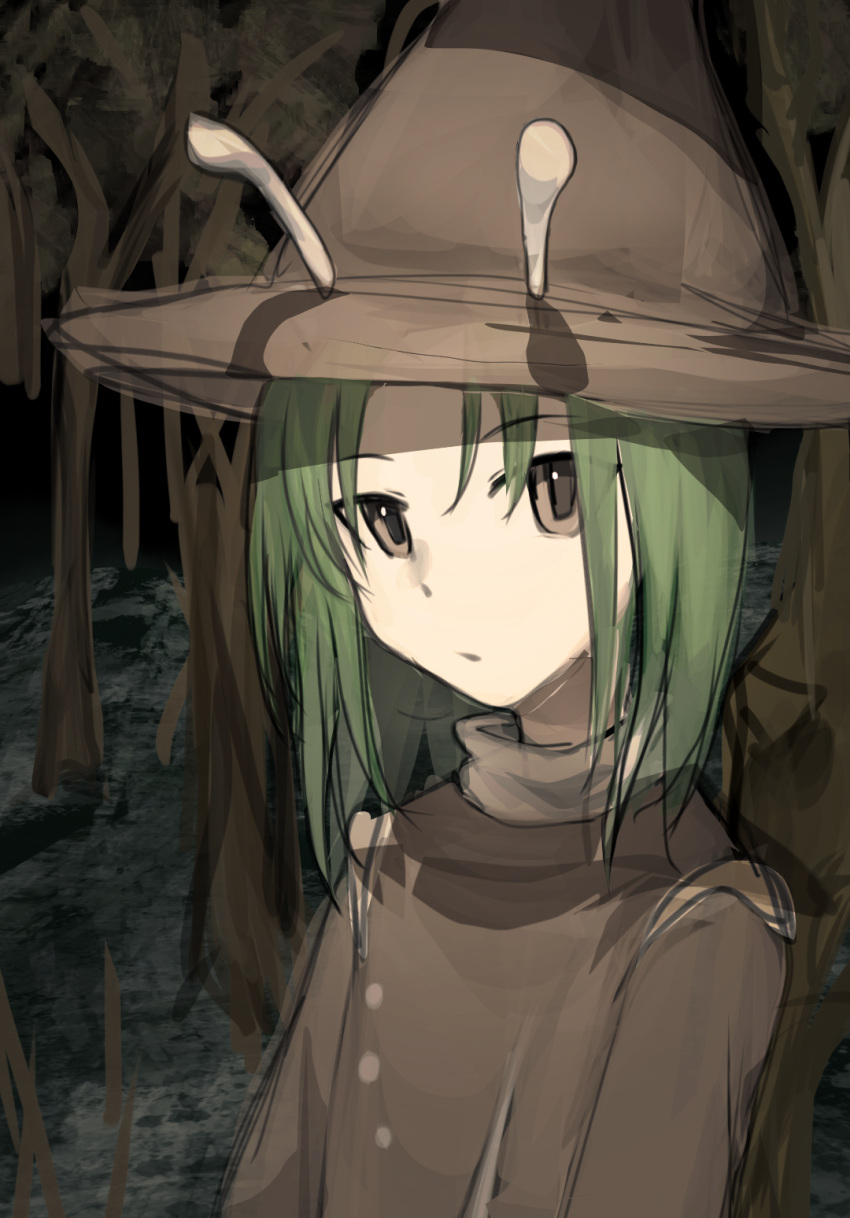 1other amanomori_shou androgynous antennae bare_tree brown_eyes brown_hat brown_shirt chinese_commentary closed_mouth commentary_request euthan forest green_hair hat highres len'en medium_hair nature other_focus outdoors pointy_hat shirt solo tree upper_body