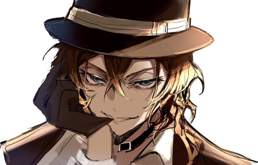 1boy absurdres biting black_gloves black_hat blue_eyes bungou_stray_dogs glove_biting gloves hair_between_eyes hat highres looking_at_viewer mafia male_focus medium_hair nakahara_chuuya orange_hair portrait shirt sidelocks simple_background smile solo white_background white_shirt ya_ta