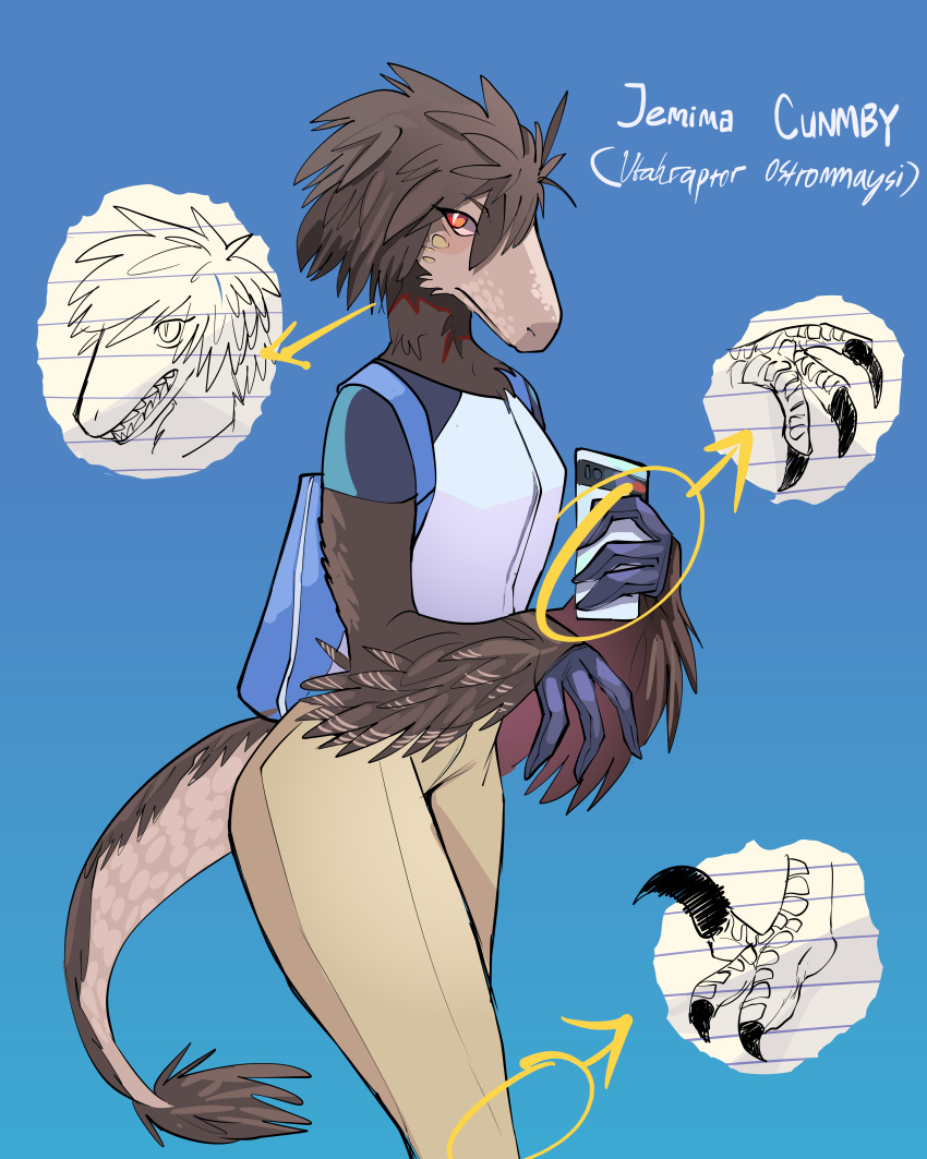 absurd_res anthro clothed clothing diforland digital_media_(artwork) dinosaur dromaeosaurid electronics english_text female furgonomics hi_res phone reptile scalie snout solo tail text theropod velociraptor