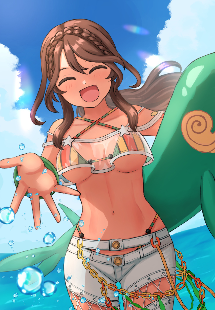 1girl absurdres andromeda_(fate) andromeda_(second_ascension)_(fate) bikini braid breasts brown_hair chain closed_eyes crown_braid fate/grand_order fate_(series) highres hotarubi_(hotarubie) inflatable_toy inflatable_whale long_hair medium_breasts navel ocean see-through splashing striped_bikini striped_clothes swimsuit vertical-striped_bikini vertical-striped_clothes water