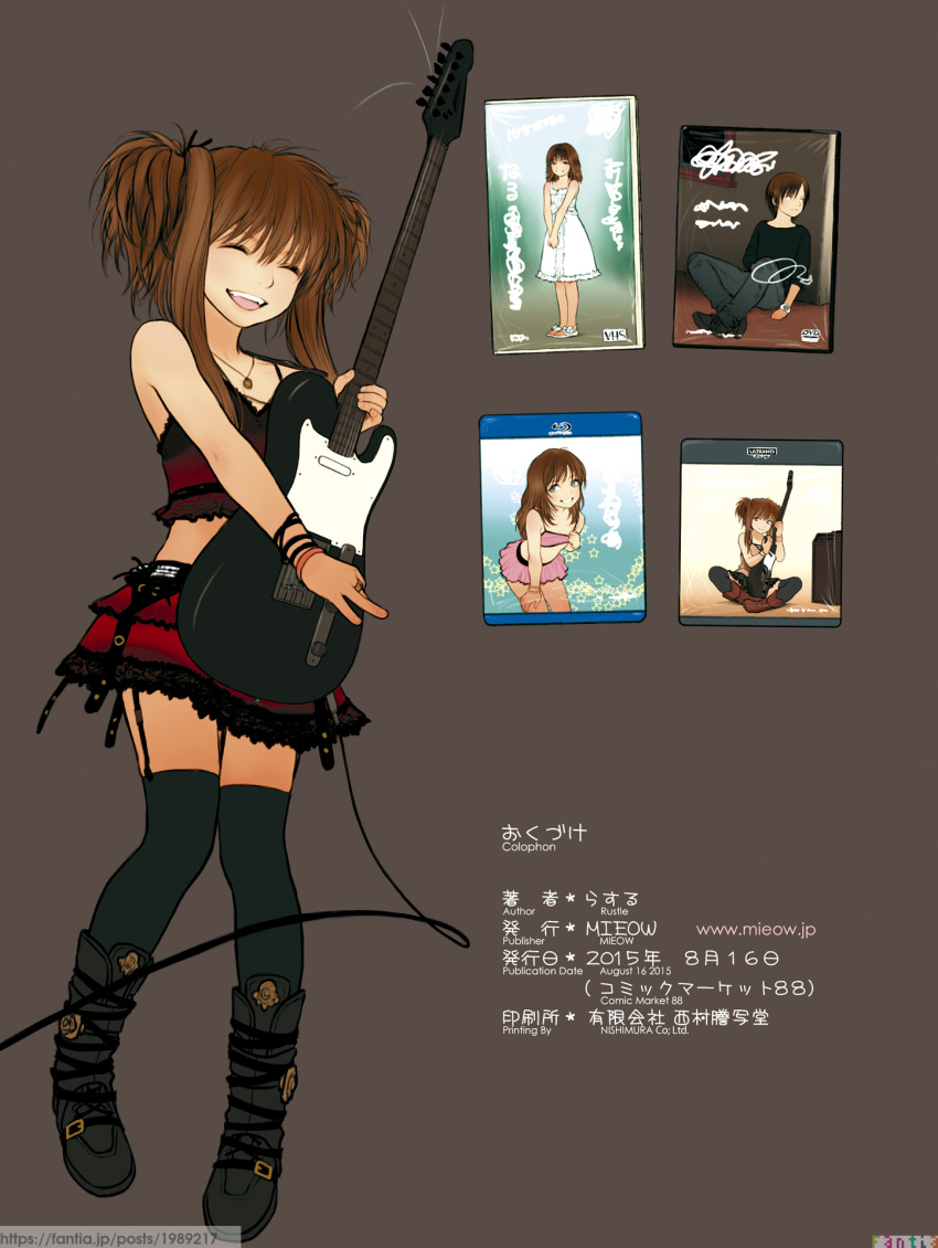 1girl bare_shoulders bikini black_thighhighs boots brown_hair closed_eyes crop_top dress dvd_(object) electric_guitar flat_chest full_body garter_straps guitar highres holding holding_guitar holding_instrument instrument jewelry long_hair miniskirt multiple_views necklace open_mouth original pink_bikini ring rustle sitting skirt smile swimsuit thighhighs twintails videocassette white_dress