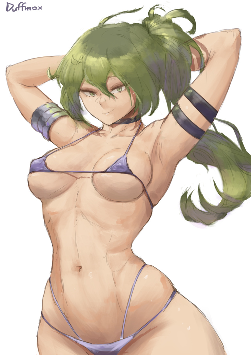 1girl absurdres armpits arms_behind_head arms_up bikini breasts choker covered_nipples cowboy_shot curvy duffmox green_eyes green_hair highres long_hair looking_at_viewer medium_breasts micro_bikini navel simple_background skindentation smile solo sousou_no_frieren swimsuit ubel_(sousou_no_frieren) white_background