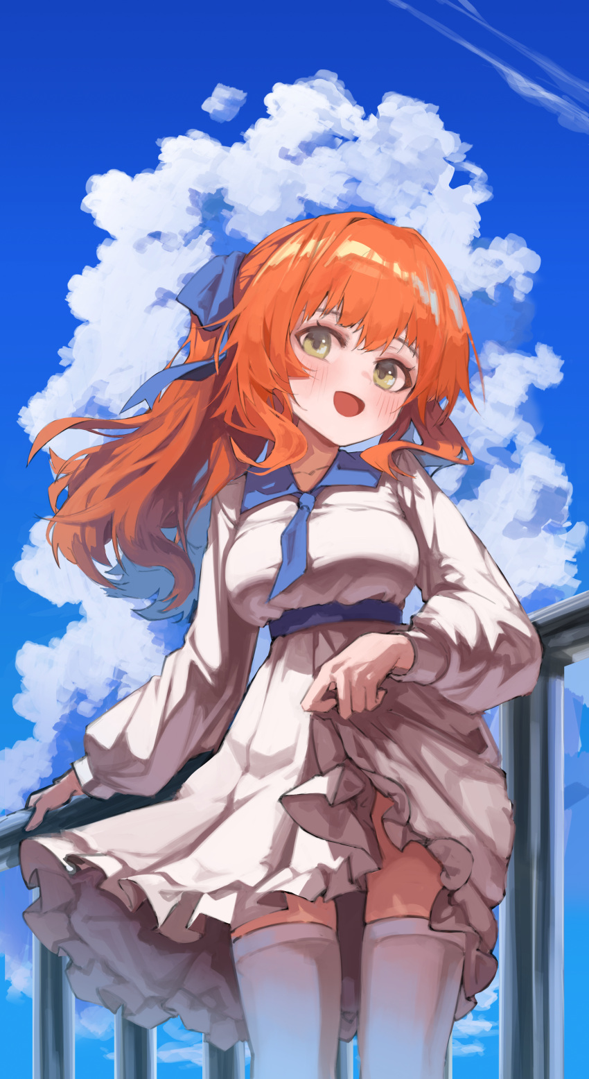 1girl absurdres against_railing belt blue_belt blue_bow blue_neckerchief blue_sky bow cloud collarbone collared_dress cumulonimbus_cloud dress floating_hair frilled_dress frills hair_bow highres lab2linch light_blush long_hair long_sleeves looking_at_viewer neckerchief open_mouth orange_hair original outdoors ponytail puffy_long_sleeves puffy_sleeves railing sidelocks skirt_hold sky thighhighs underbust white_dress white_thighhighs yellow_eyes